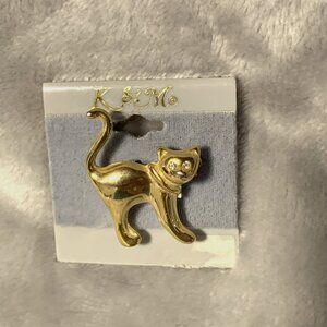 Cat Brooch‎ Gold Toned Crystal/Glass Eyes